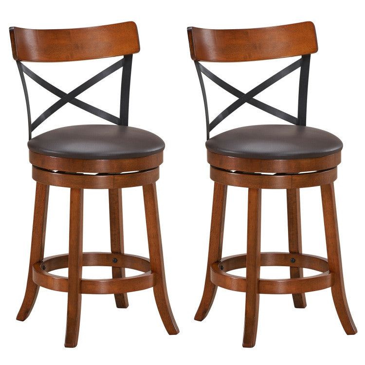 Set of 2 Bar Stools 360-Degree Swivel Dining Bar Chairs with Rubber Wood Legs