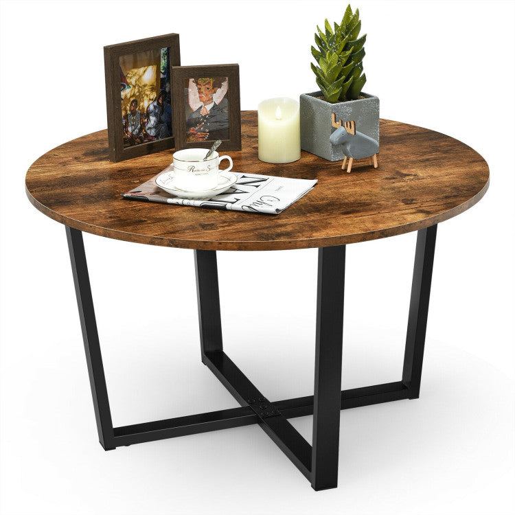 Round Industrial Style Cocktail Side Coffee Table with Metal Frame