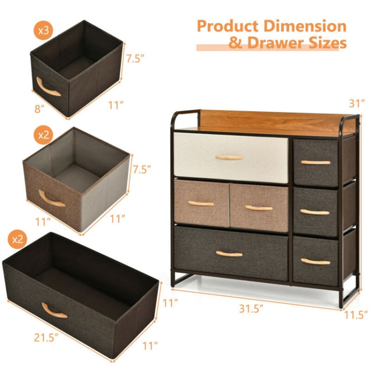 7 Drawer Tower Steel Frame and Wooden Top Dresser Storage Chest for Bedroom