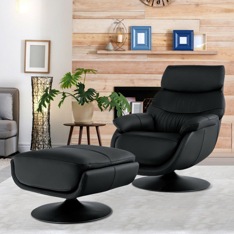 360° Swivel Leather Lounge Chair with Ottoman and Thick Footstool