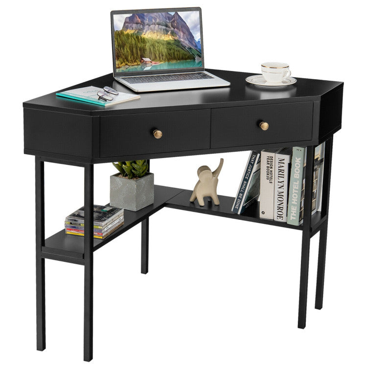 Space Saving Corner Computer Desk with 2 Large Drawers