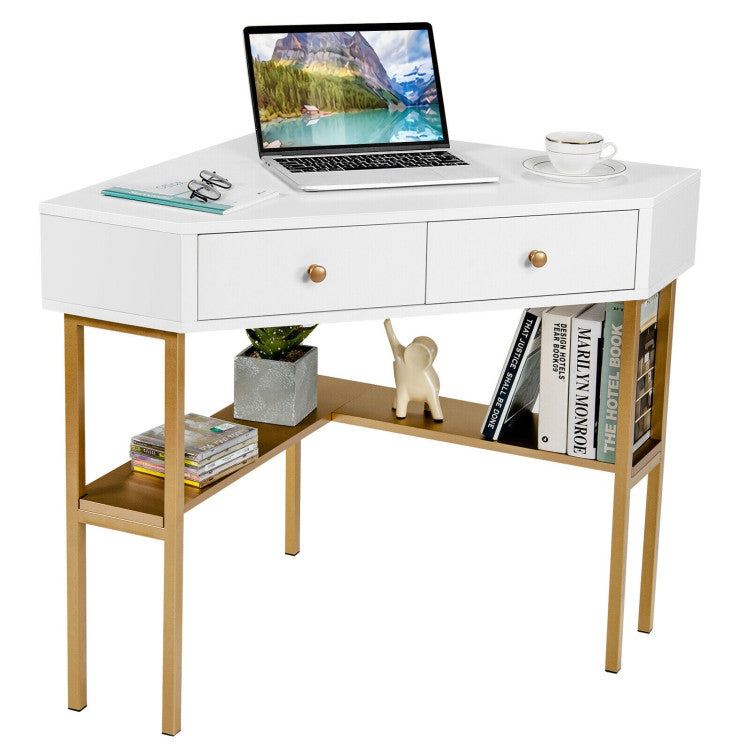 Space Saving Corner Computer Desk with 2 Large Drawers