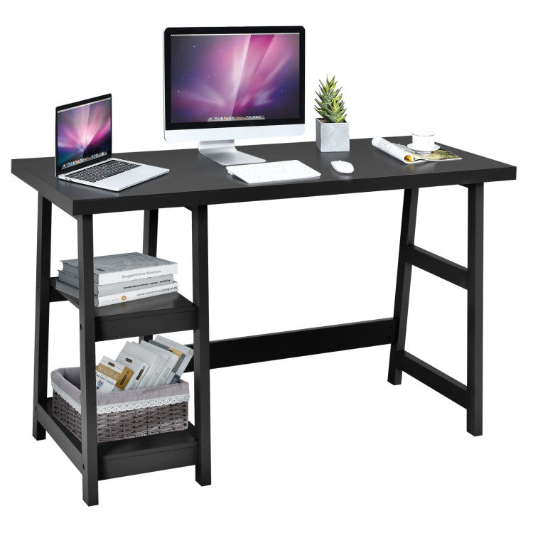 Wooden Trestle Computer Desk with 2-Tier Removable Shelves