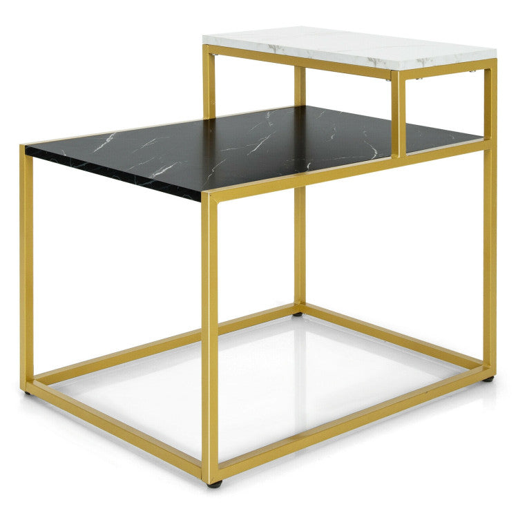 2-Tier Side Table with Metal Frame and Marble Finish Tabletop for Living Room