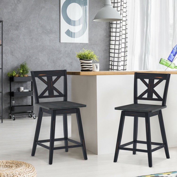 Set of 2 Swivel Counter Height Bar Stools with Solid Wood Legs for Home Pub