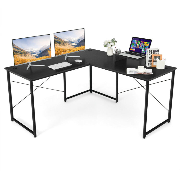 95 Inch 2-Person L-Shaped Long Reversible Computer Desk with Monitor Stand