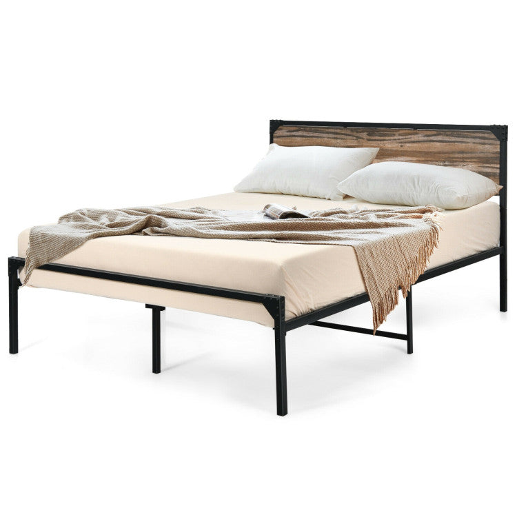 Metal Platform Bed Frame with Wooden Headboard