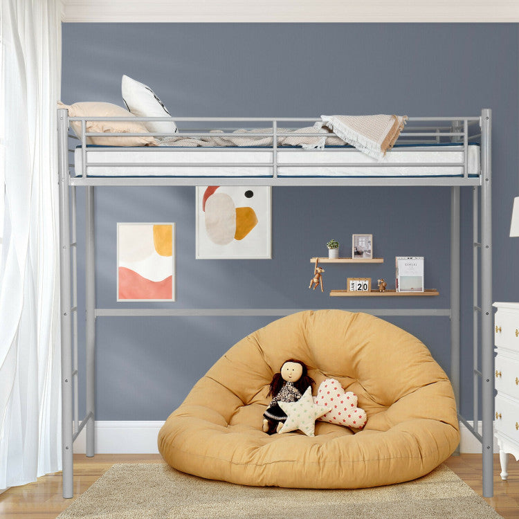 Twin Loft Bed Frame with 2 Ladders Full-Length Guardrail