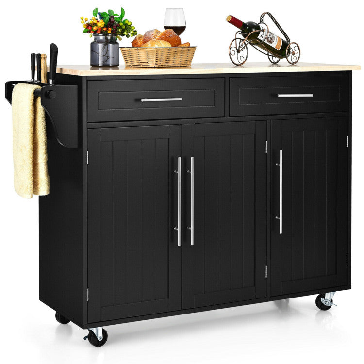 Kitchen Island Cart with Knife Block and Lockable Castors