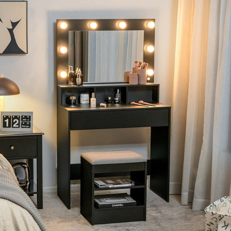 Vanity Table Set with Lighted Mirror and Cushioned Stool