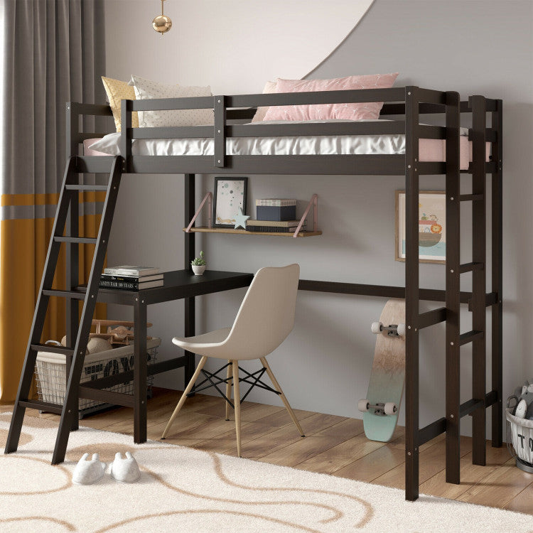 Twin Size Loft Bed Frame with Desk Angled and Built-In Ladder