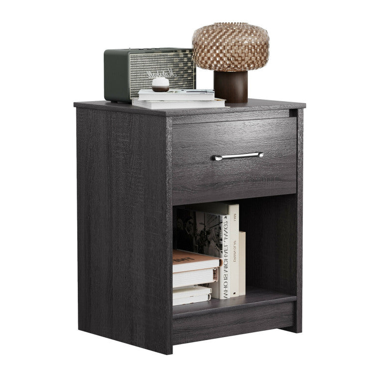 Wooden Nightstand with Drawer and Open Storage Compartment