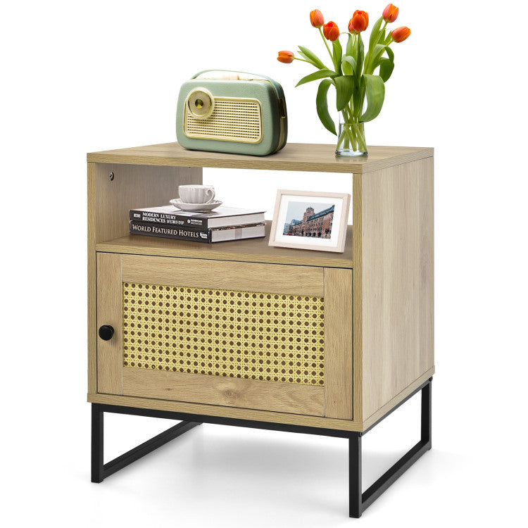 Wooden Side End Table with Cabinet and Rattan Decorated Door