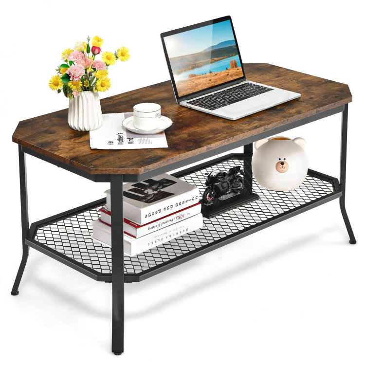 2-Tier Industrial Coffee Table with Open Mesh Storage Shelf for Living Room