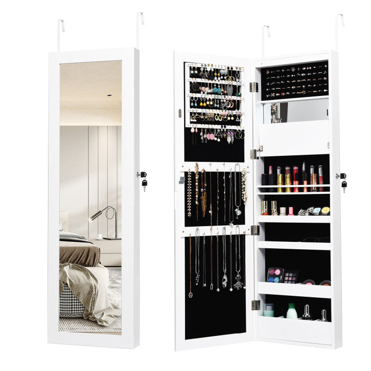 Lockable Wall Door Mounted Mirror Jewelry Cabinet with LED Lights