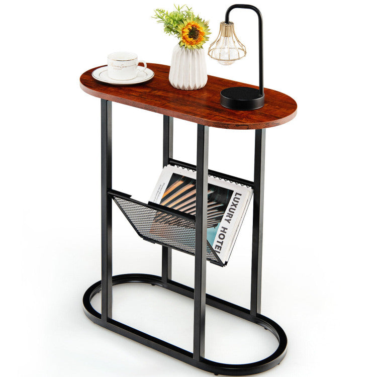 2-Tier Industrial Oval Side Table with Mesh Shelf