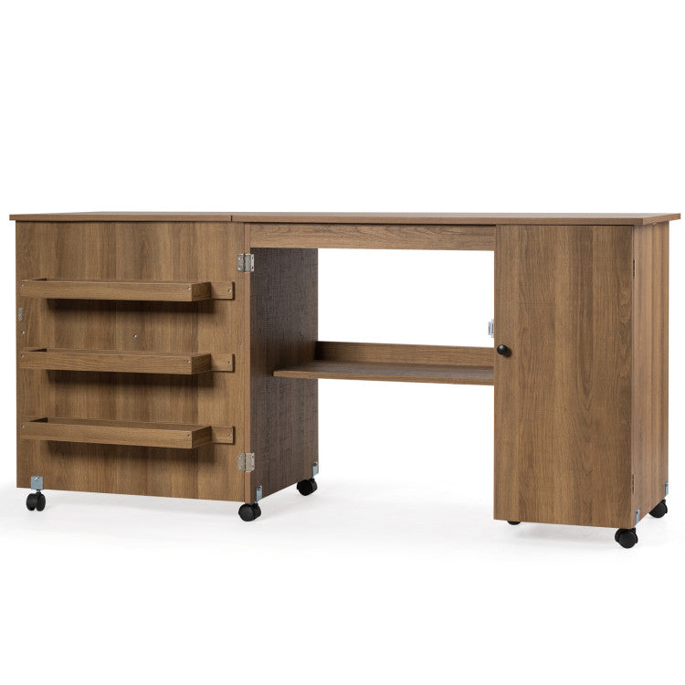 Folding Large Sewing Table Storage Shelves and Lockable Casters