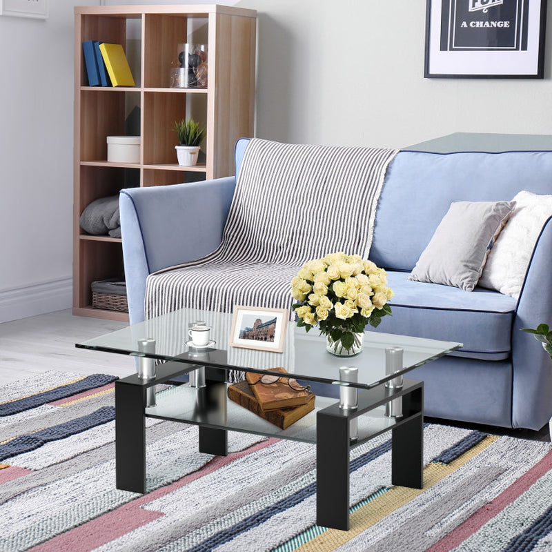 Rectangle Glass Coffee Table with Metal Legs for Living Room