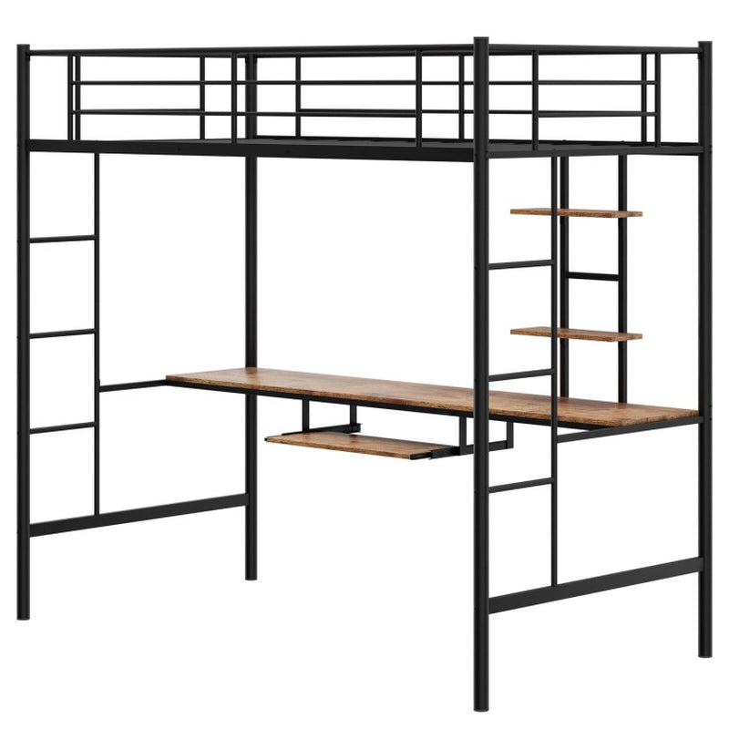 Twin Size Loft Bunk Bed with Desk Storage Shelf and Full-Length Ladders