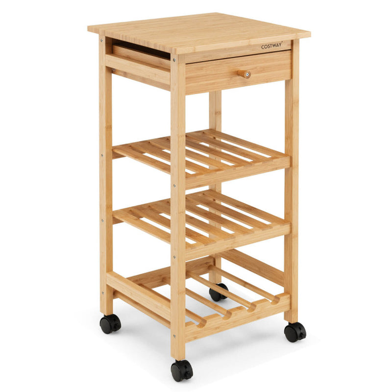 Bamboo Rolling Small Storage Cart with Drawer and Shelves