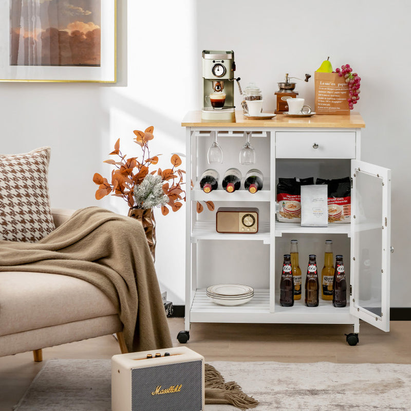 Rolling Trolley Cart with Drawer Glass Holder and Wine Rack for Kitchen