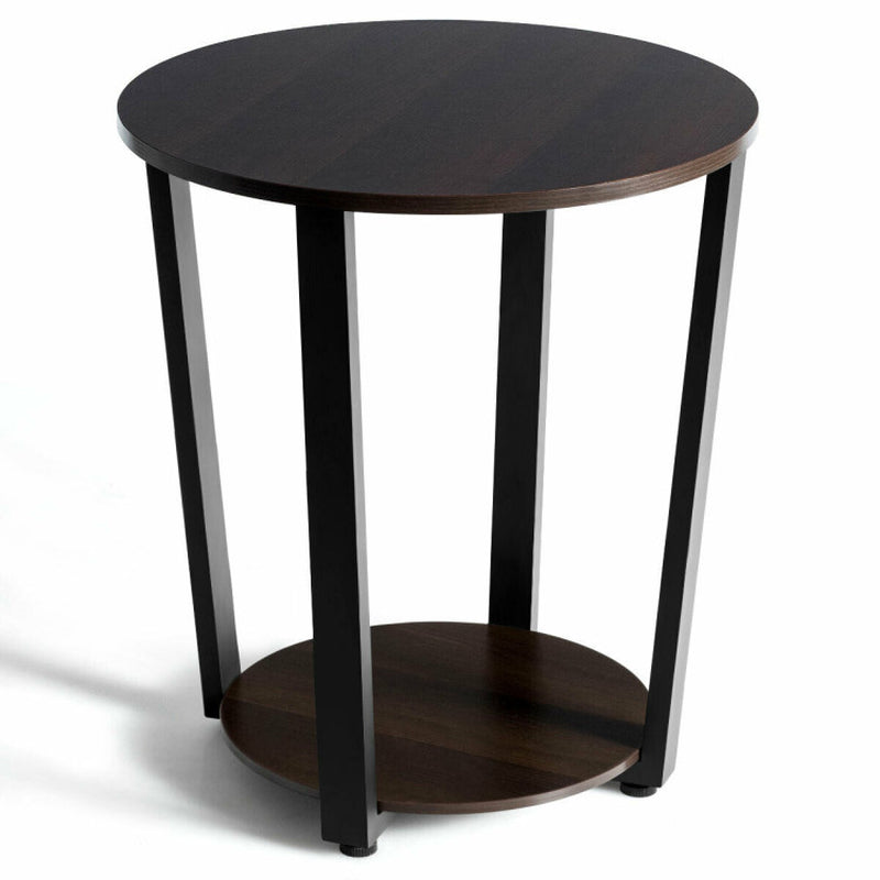 2-Tier round End Table with Storage Shelf and Metal Frame