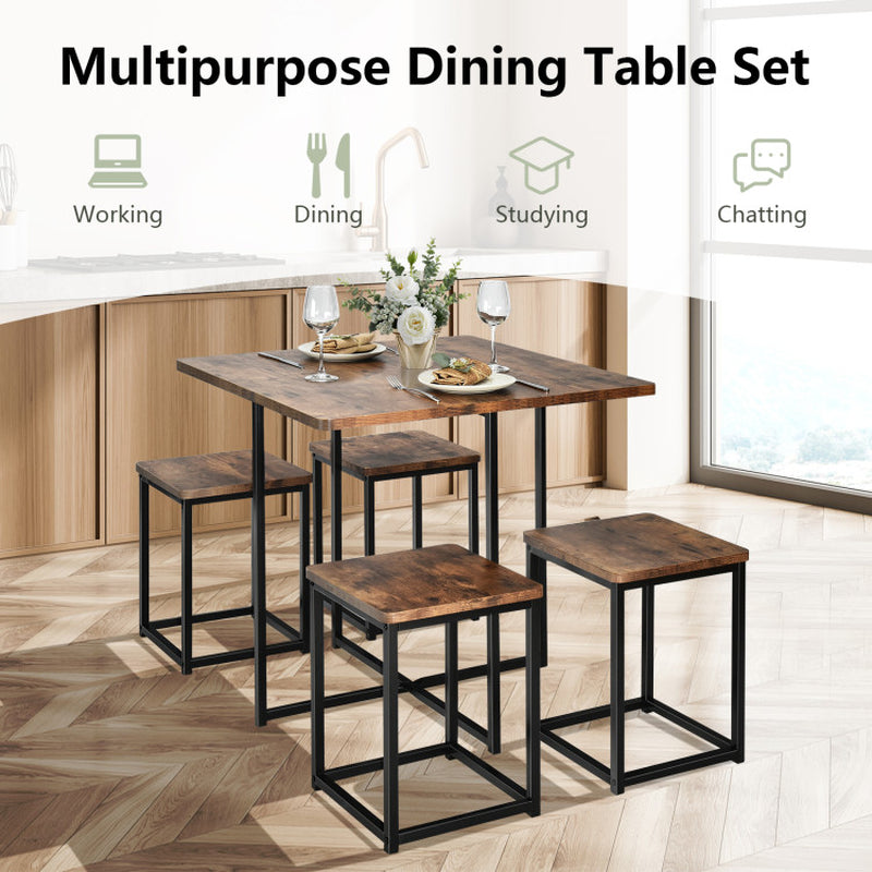 5 Pieces Metal Frame Dining Set with Compact Dining Table and 4 Stools