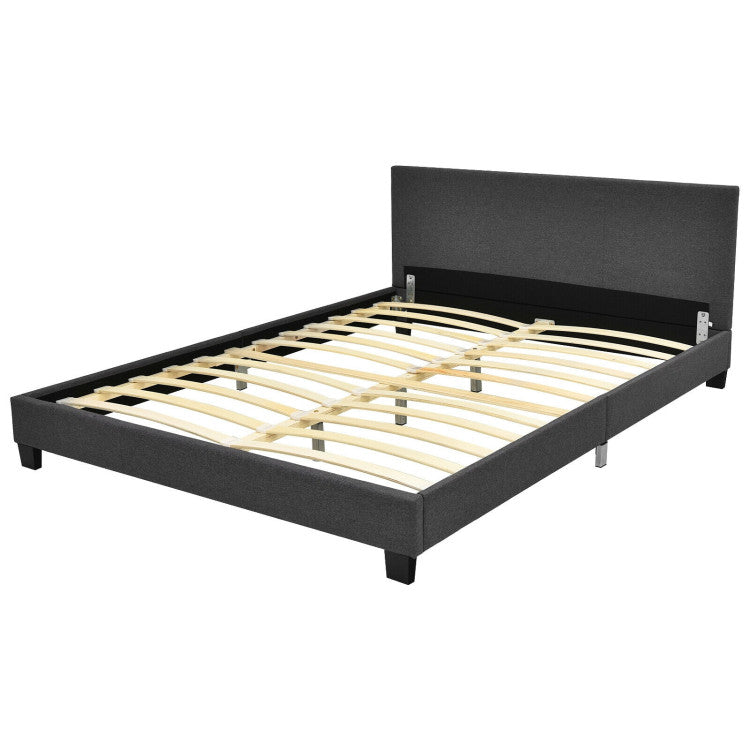 Queen Upholstered Platform Bed Frame with Linen Headboard Wood Slat