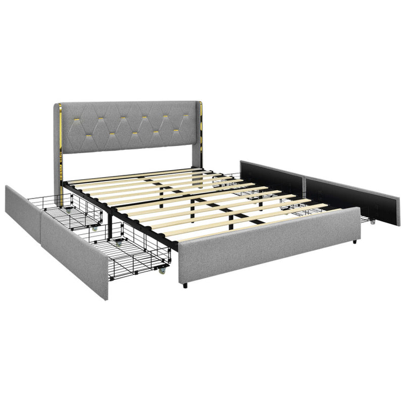 Full/Queen Size Upholstered Bed Frame with High Headboard and 4 Drawers