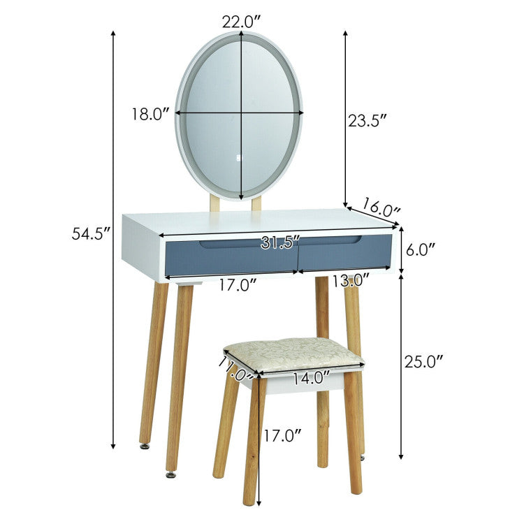 Touch Screen Vanity Makeup Table Stool Set with Lighted Mirror