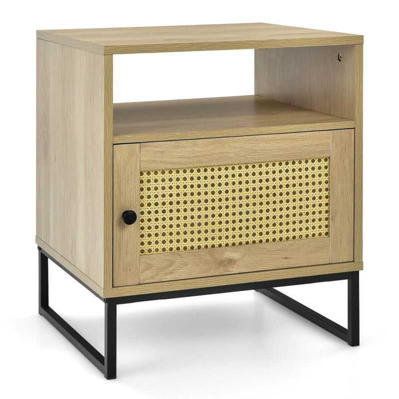 Wooden Side End Table with Cabinet and Rattan Decorated Door