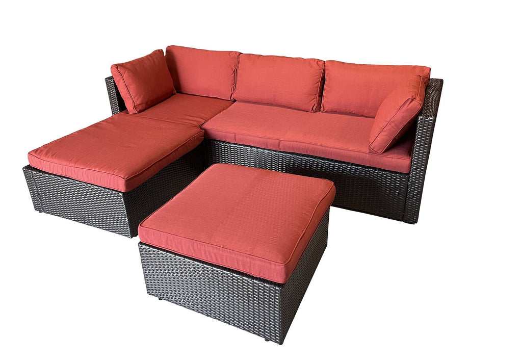 Staffora Amity 3 Piece All Weather Wicker L-Shape Sectional with Chaise with Cushions and Ottoman - Red - StafforaFurniture