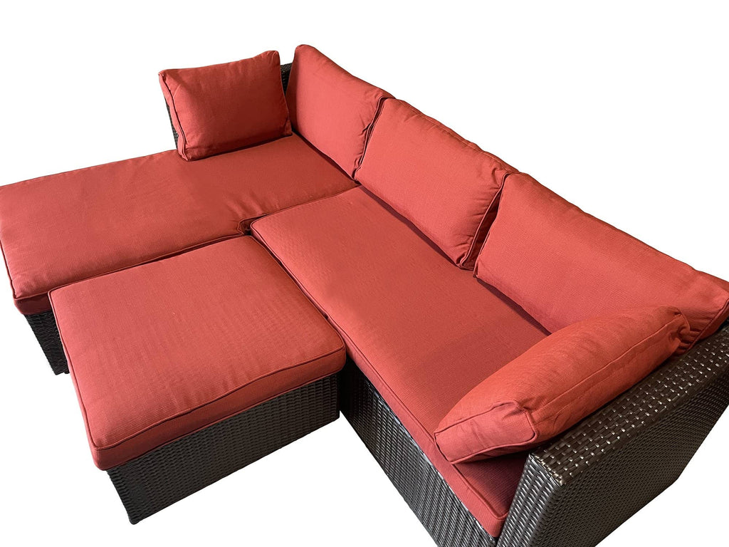 Staffora Amity 3 Piece All Weather Wicker L-Shape Sectional with Chaise with Cushions and Ottoman - Red - StafforaFurniture