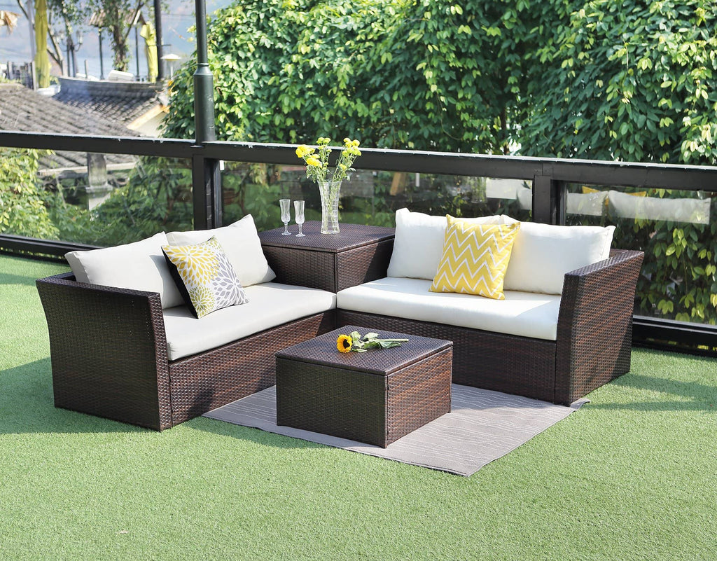 Staffora Cascade 4 Piece All Weather Wicker Sofa Seating Group with Cushions, Storage and Coffee Table with Storage - StafforaFurniture