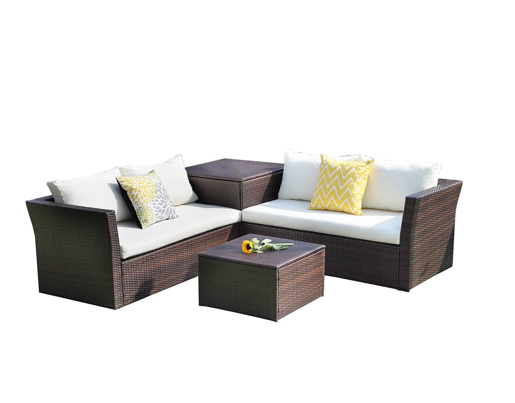 Staffora Cascade 4 Piece All Weather Wicker Sofa Seating Group with Cushions, Storage and Coffee Table with Storage - StafforaFurniture