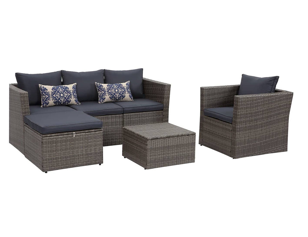 Staffora Brisk 6 Piece All Weather Wicker Sofa Seating Group with Cushions, Ottoman with Storage and Coffee Table - Navy - StafforaFurniture