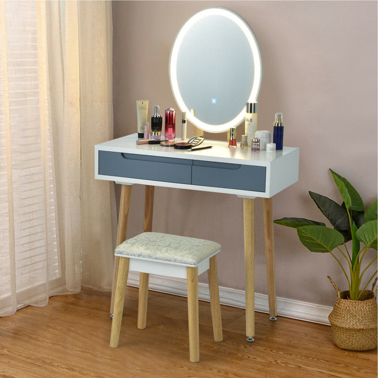 Touch Screen Vanity Makeup Table Stool Set with Lighted Mirror