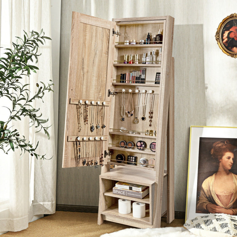 2-In-1 Wooden Cosmetics Storage Cabinet with Full-Length Mirror and Bottom Rack