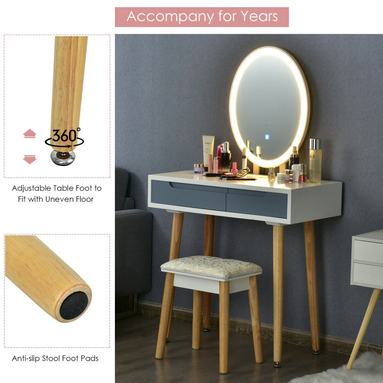 Touch Screen Vanity Makeup Table Stool Set with Lighted Mirror