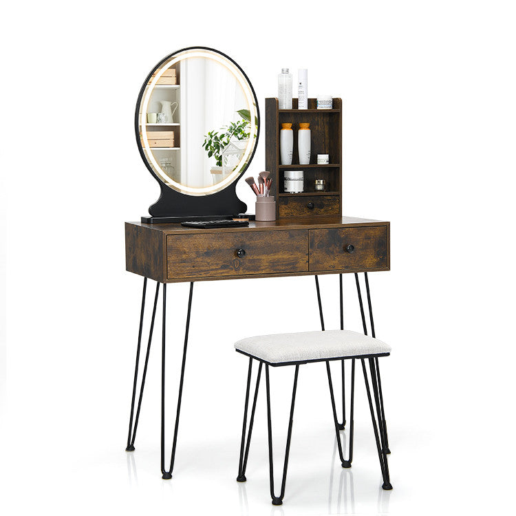 Vanity Table Set with Lighted Mirror and Cushion Stool