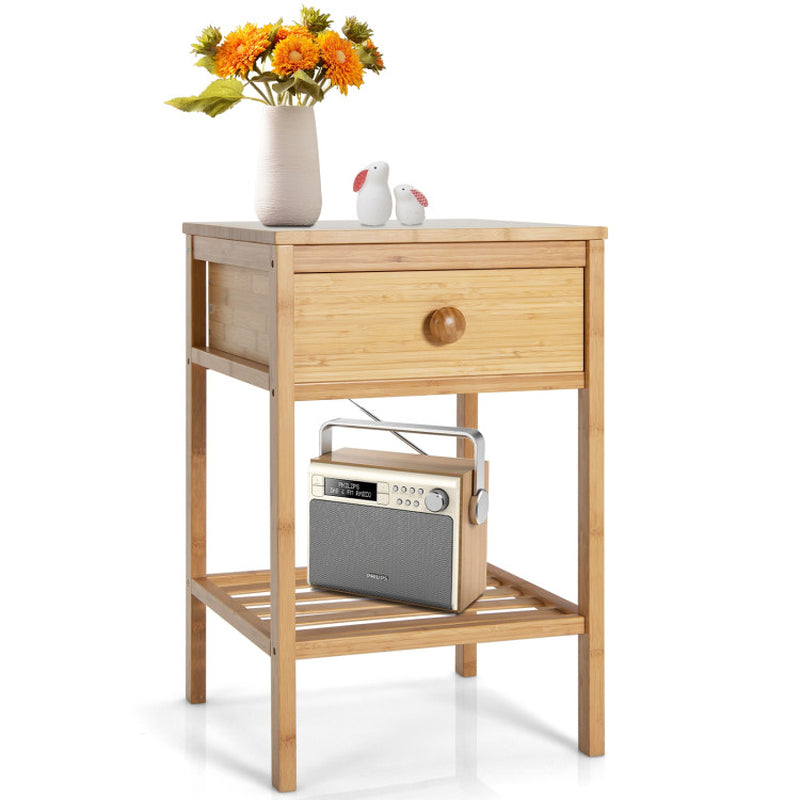 Bamboo Nightstand with Drawer and Open Shelf