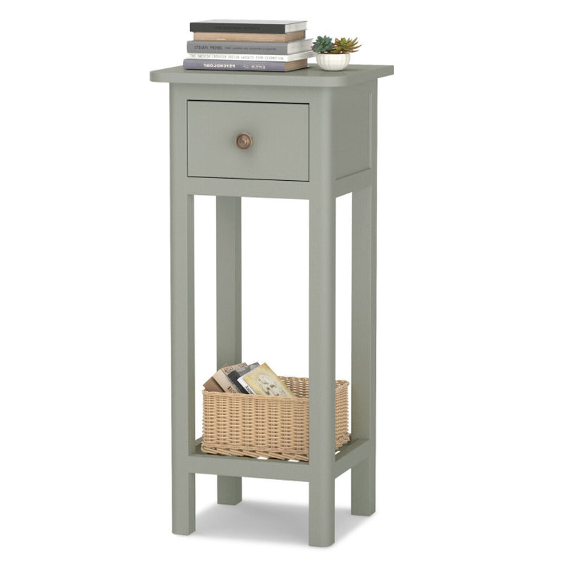 2 Tier Slim Nightstand Bedside Table with Drawer Shelf