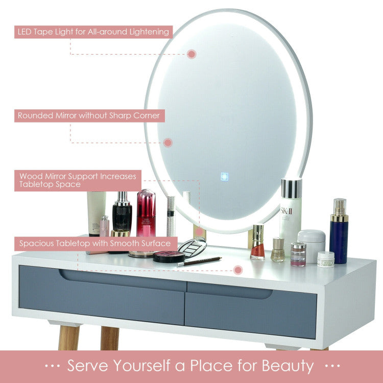 Touch Screen Vanity Makeup Table Stool Set with Lighted Mirror