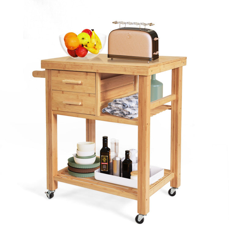 Bamboo Kitchen Trolley Cart with Tower Rack and Drawers