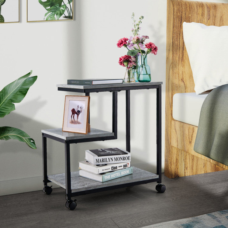 3-Tier Side Table with Open Shelf and Wheels for Living Room and Bedroom