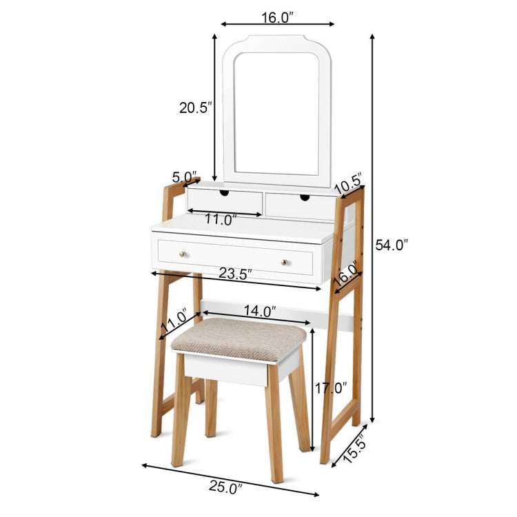 Vanity Table Set with Cushioned Stool and Large Mirror