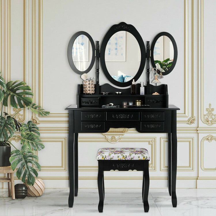 Vanity Set with Tri-Folding Mirror and Cushioned Stool