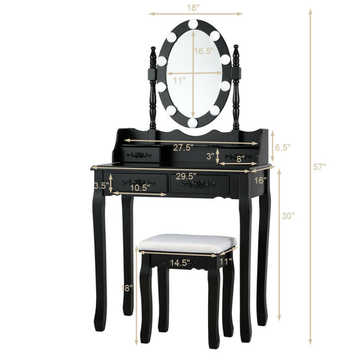 Makeup Dressing Table with Touch Switch Lighted Mirror and Cushioned Stool