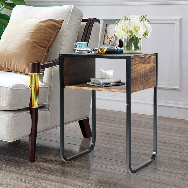 Industrial Side Table with Anti-Rust Steel Frame and Open Storage