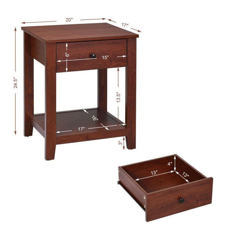 Set of 2 Nightstand with Storage Shelf and Pull Handle